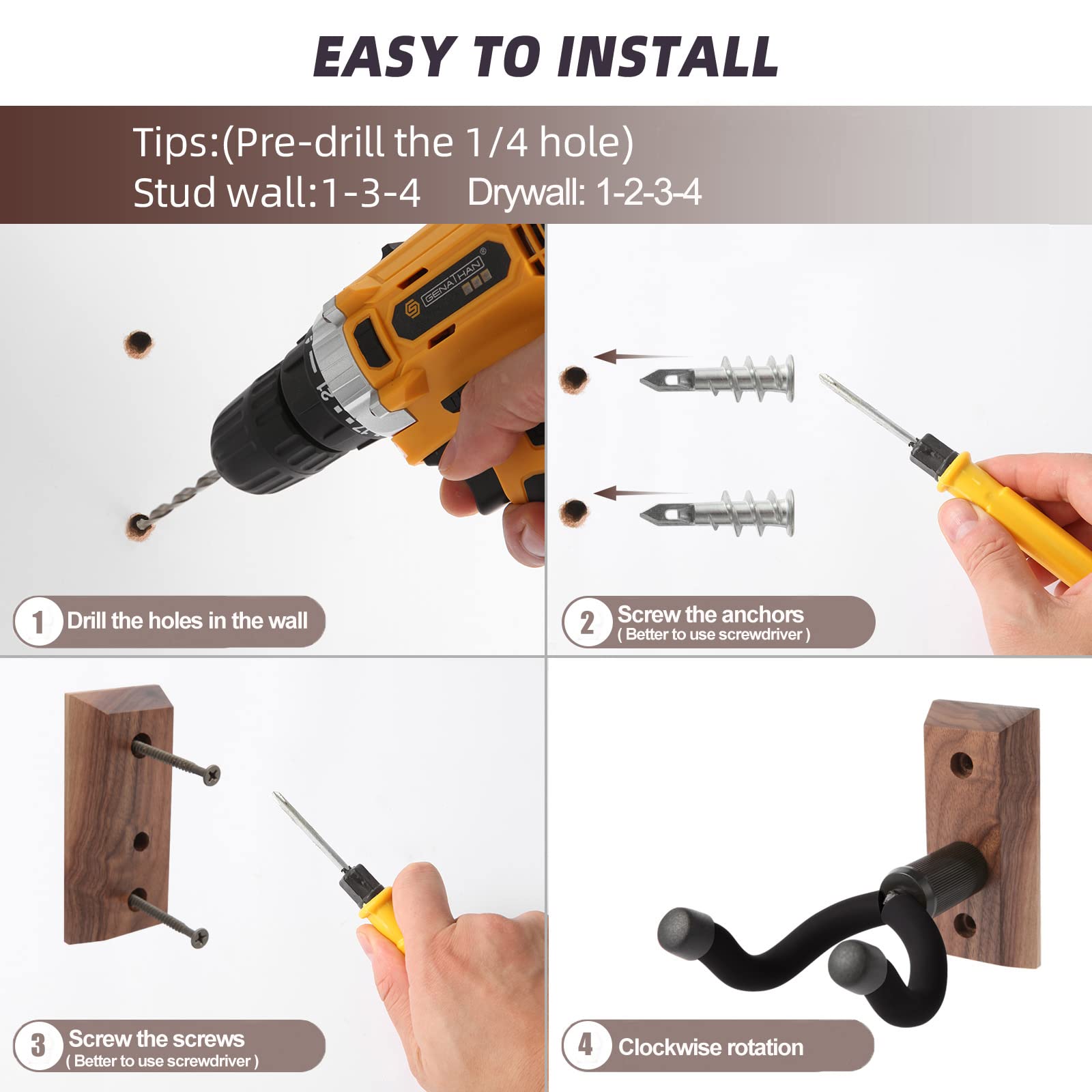 VEINTICO Guitar Wall Mount Hook - Black Walnut Wood Bracket for Acoustic, Electric Guitars, Bass, Banjo, Mandolin - Durable & Stylish